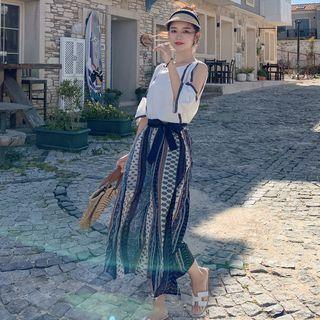 Set: Contrast Trim Cold Shoulder Top + Print Chiffon Wide-leg Pants