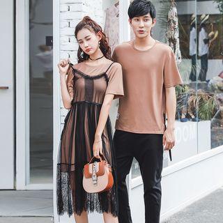 Couple Matching Plain Short-sleeve T-shirt / T-shirt Dress / Lace Midi Spaghetti Strap Dress / Set