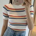 Short-sleeve Striped Knit Top White - One Size