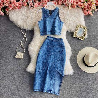 Set: Denim Crop Tank Top + Asymmetrical Denim Skirt