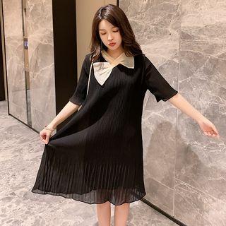 Elbow-sleeve Ribbon Pleated Chiffon A-line Dress