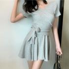 Set: Short-sleeve Wrap Top + A-line Mini Skirt