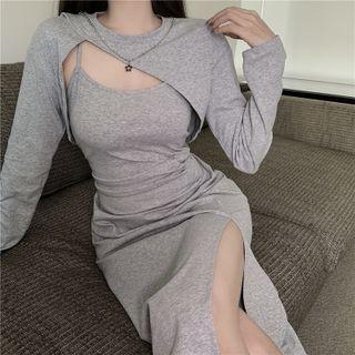 Set: Spaghetti Strap Midi Bodycon Dress + Crop Top