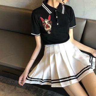 Dog Embroidered Short-sleeve Polo Shirt / Pleated Skirt