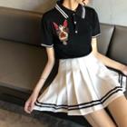 Dog Embroidered Short-sleeve Polo Shirt / Pleated Skirt