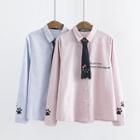 Tie-neck Cat Embroidered Pinstriped Shirt