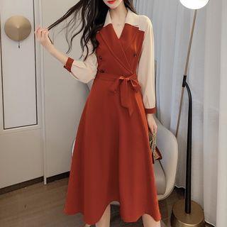 Color-block Double-breasted Midi Dress