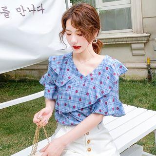 Plaid Strawberry Print Ruffle Elbow-sleeve Blouse