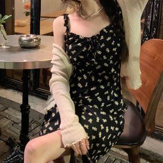 Plain Cardigan / Spaghetti Strap Bear Print Mini A-line Dress
