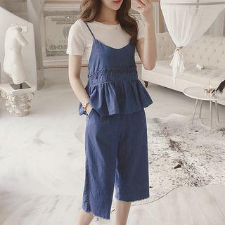 Set: Plain Short Sleeve T-shirt + Camisole Top + Cropped Wide Leg Pants