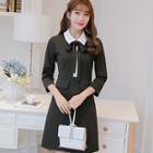 Ribbon-neckline 3/4-sleeved Shift Dress