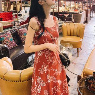 Spaghetti Strap Leaf Print Mini A-line Dress