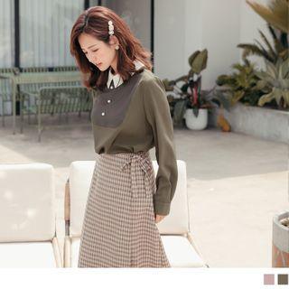 Contrast Collar Faux Pearl Button Top