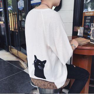 Cat Applique Elbow Sleeve T-shirt