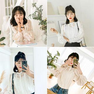 Smocked-cuff See-through Lace Top