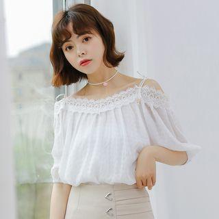 Puff Elbow-sleeve Off-shoulder Chiffon Top