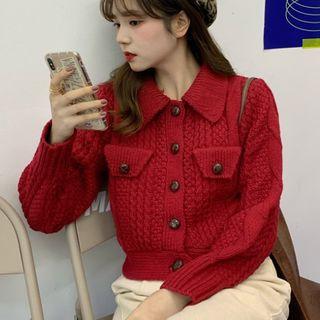 Polo-neck Cropped Cable Knit Cardigan
