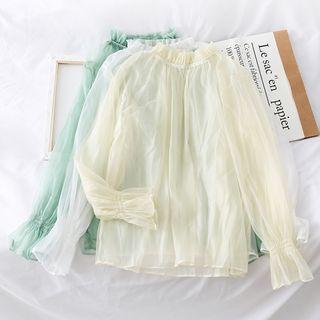 Ruffled-trim Mock-neck Sheer Light Top