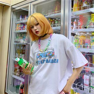 Elbow-sleeve Bus Print T-shirt White - One Size