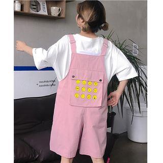 Plain Elbow Sleeve T-shirt / Smiley Face Print Pinafore Playsuit