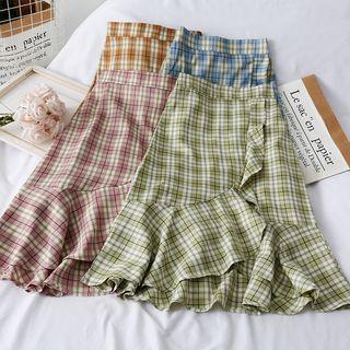 Ruffled-trim Checker Midi Skirt