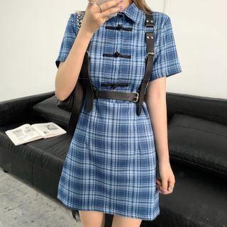 Plaid Short-sleeve Mini A-line Dress / Body Harness