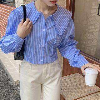 Long-sleeve Wide-collar Striped Blouse