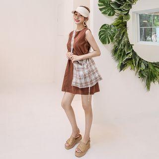 Set: Sleeveless Mini Dress + Plaid Cross Bag