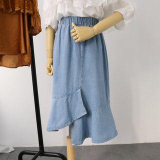 Flounced-hem Midi Denim Skirt