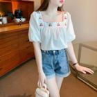 Short-sleeve Square Neck Cherry Embroidered Blouse