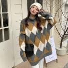 Turtleneck Argyle Print Sweater Gray & Yellow - One Size