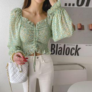 Drawstring Floral Smocked Crop Top