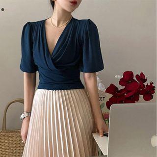 Elbow-sleeve V-neck Top Blue - One Size