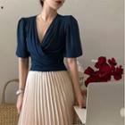 Elbow-sleeve V-neck Top Blue - One Size