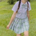 Bow Tie Short-sleeve Shirt / Plaid Pleated Skirt