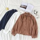 Plain Single-breasted Ribbon Lace-up Long-sleeve Blouse