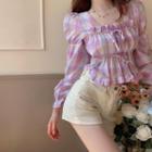 Long-sleeve Check Frill Trim Blouse