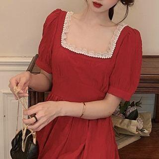 Square-neck Puff-sleeve Midi A-line Dress / Cropped Blouse
