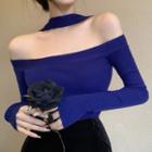 Long-sleeve Off-shoulder Knit Top / Lace Trim Velvet Midi Pencil Skirt