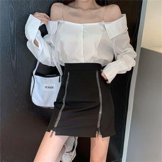 Cold-shoulder Blouse / Mini A-line Skirt