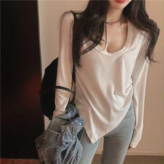 Long-sleeve Asymmetrical Slit T-shirt