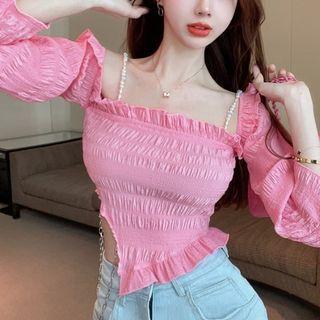 Bell-sleeve Square Neck Crinkle Blouse Pink - One Size