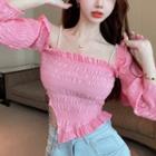 Bell-sleeve Square Neck Crinkle Blouse Pink - One Size