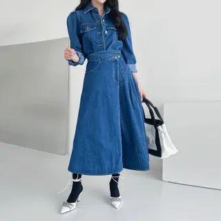 Set: Flap Denim Jacket + Denim Long Wrap Skirt