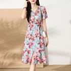 Short Sleeve V-neck Floral Print Lace Trim Chiffon A-line Dress