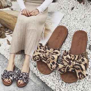 Leopard Bow Flat Slide Sandals