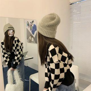 V-neck Plaid Cropped Oversize Cardigan Black & White - One Size