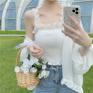 Ruffle Plain Crop Tank Top/ Ruffle Flare Chiffon Long Sleeve Cardigan