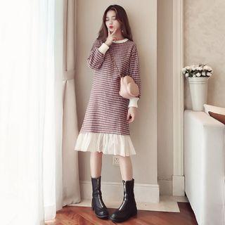 Houndstooth Long-sleeve Mesh Hem Pullover Dress