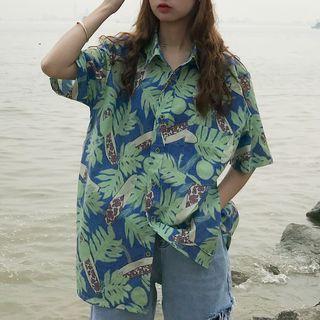 Elbow-sleeve Leaf Print Shirt Blue - One Size